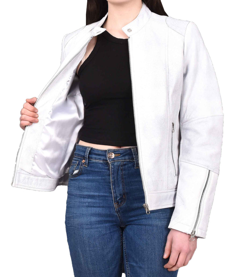 Womens Real Leather Biker Jacket Zip up Casual Connie Dirty White Size 12