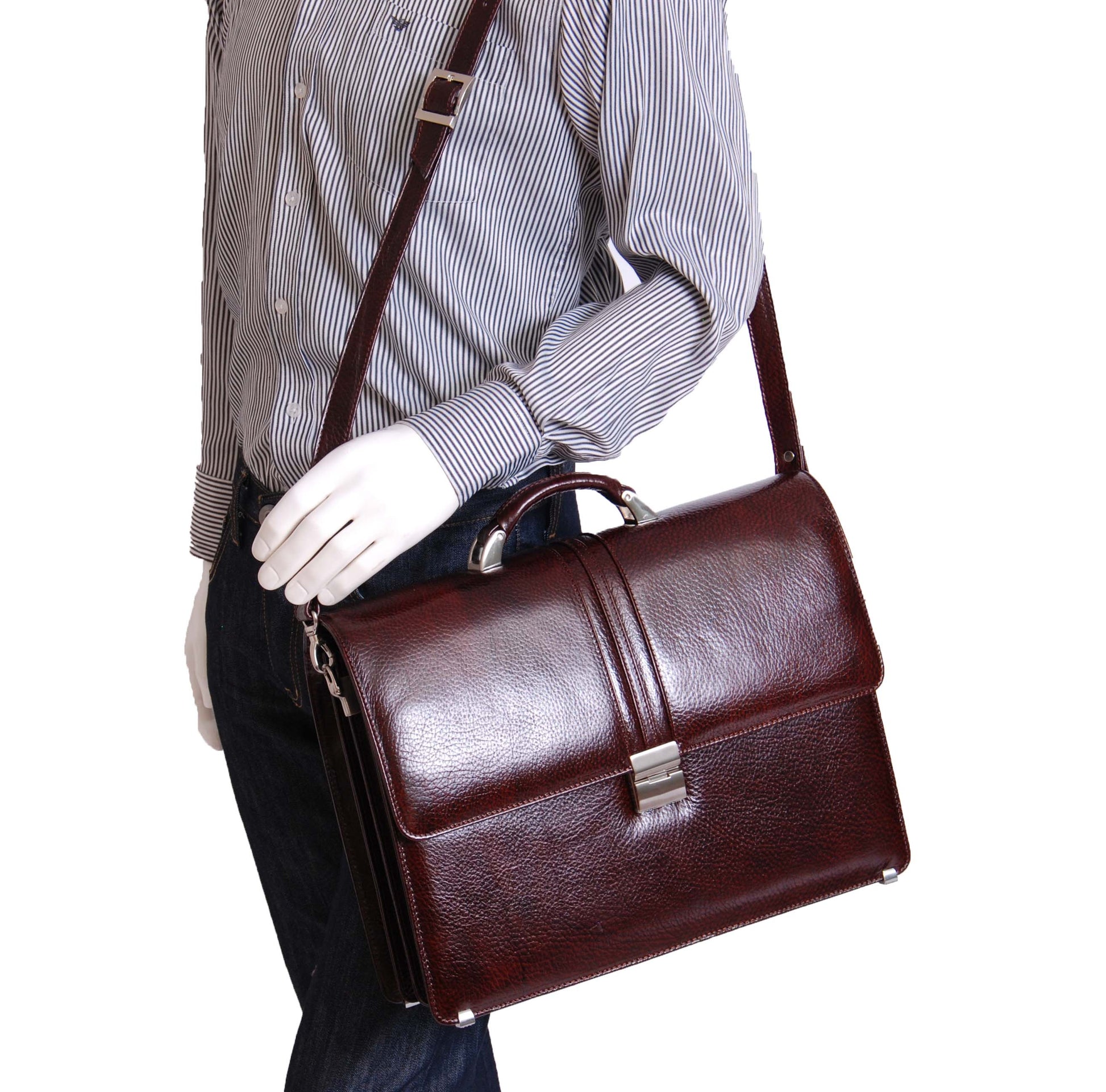 Mens Real Leather Briefcase Classic Bag Organiser CARTER Brown 6