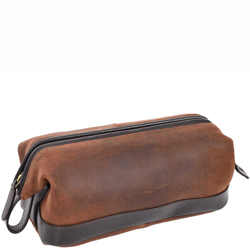 Vintage Toiletry Wash Bag Leather Travel Shaving Kit Cash Brown 2