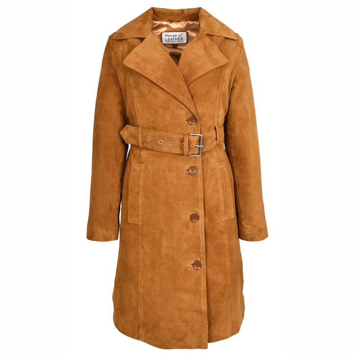 Women's Genuine Goat Suede Trench Coat, 3/4 Length, Button Front with Belt Foxy Cognac