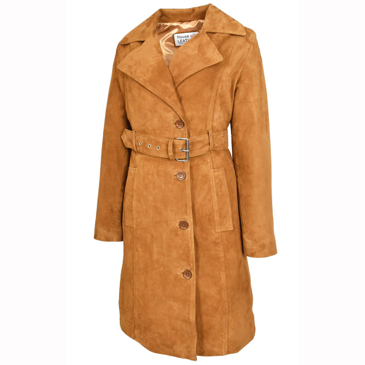 Women's Genuine Goat Suede Trench Coat, 3/4 Length, Button Front with Belt Foxy Cognac