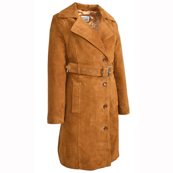 Women's Genuine Goat Suede Trench Coat, 3/4 Length, Button Front with Belt Foxy Cognac