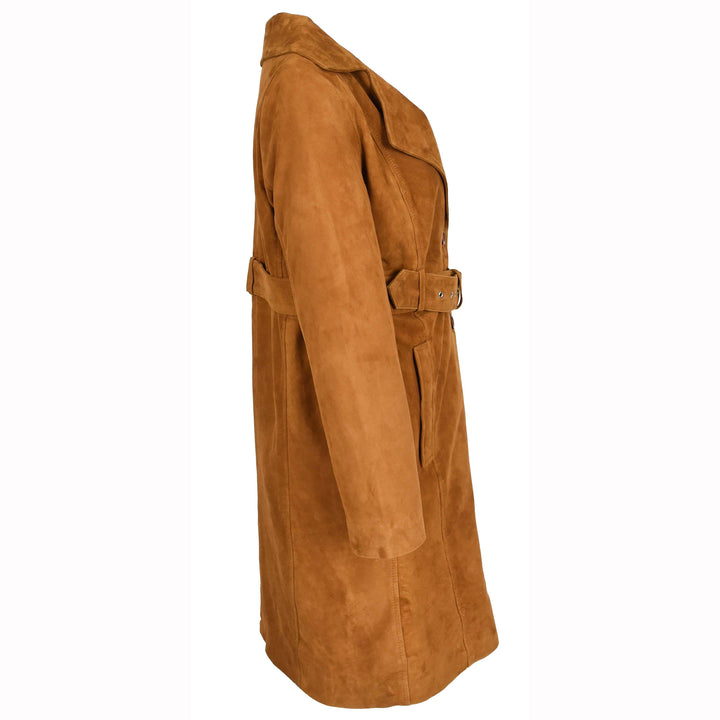 Women's Genuine Goat Suede Trench Coat, 3/4 Length, Button Front with Belt Foxy Cognac