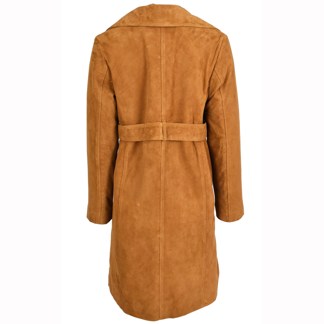 Women's Genuine Goat Suede Trench Coat, 3/4 Length, Button Front with Belt Foxy Cognac