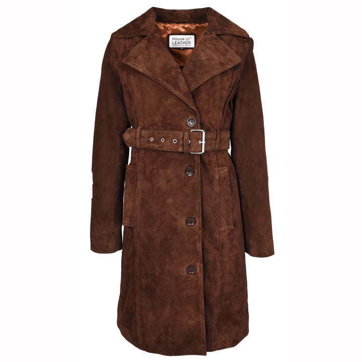 Women's Genuine Goat Suede Trench Coat, 3/4 Length, Button Front with Belt Foxy Rust Brown