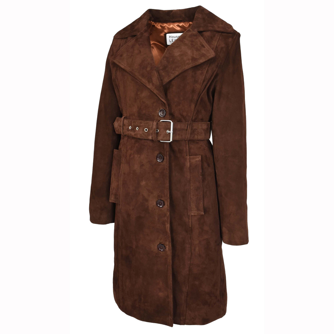 Women's Genuine Goat Suede Trench Coat, 3/4 Length, Button Front with Belt Foxy Rust Brown