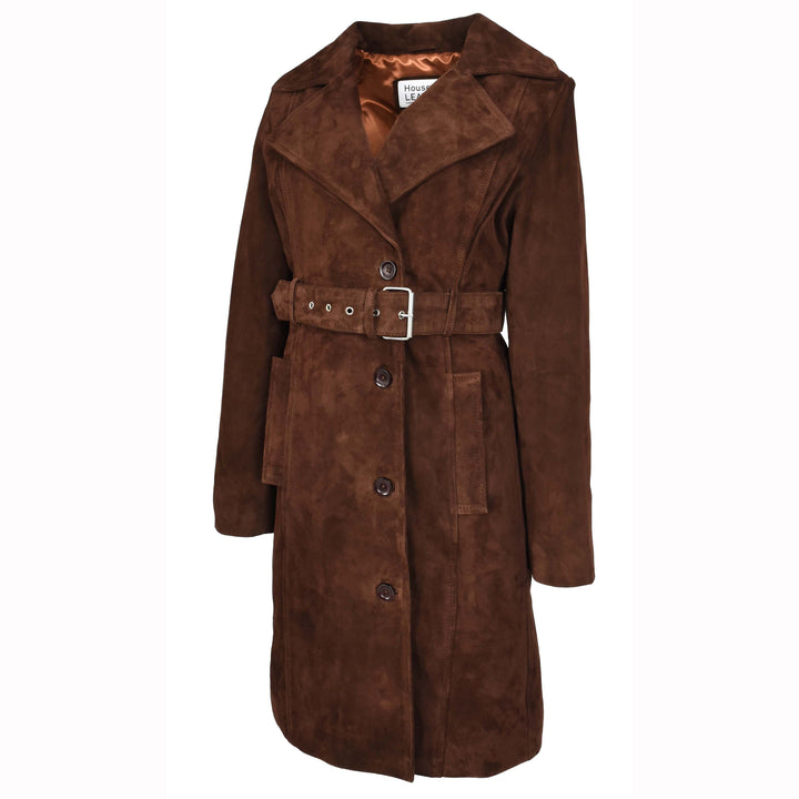 Women's Genuine Goat Suede Trench Coat, 3/4 Length, Button Front with Belt Foxy Rust Brown
