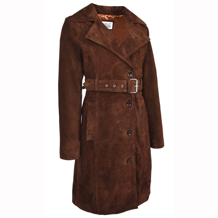 Women's Genuine Goat Suede Trench Coat, 3/4 Length, Button Front with Belt Foxy Rust Brown