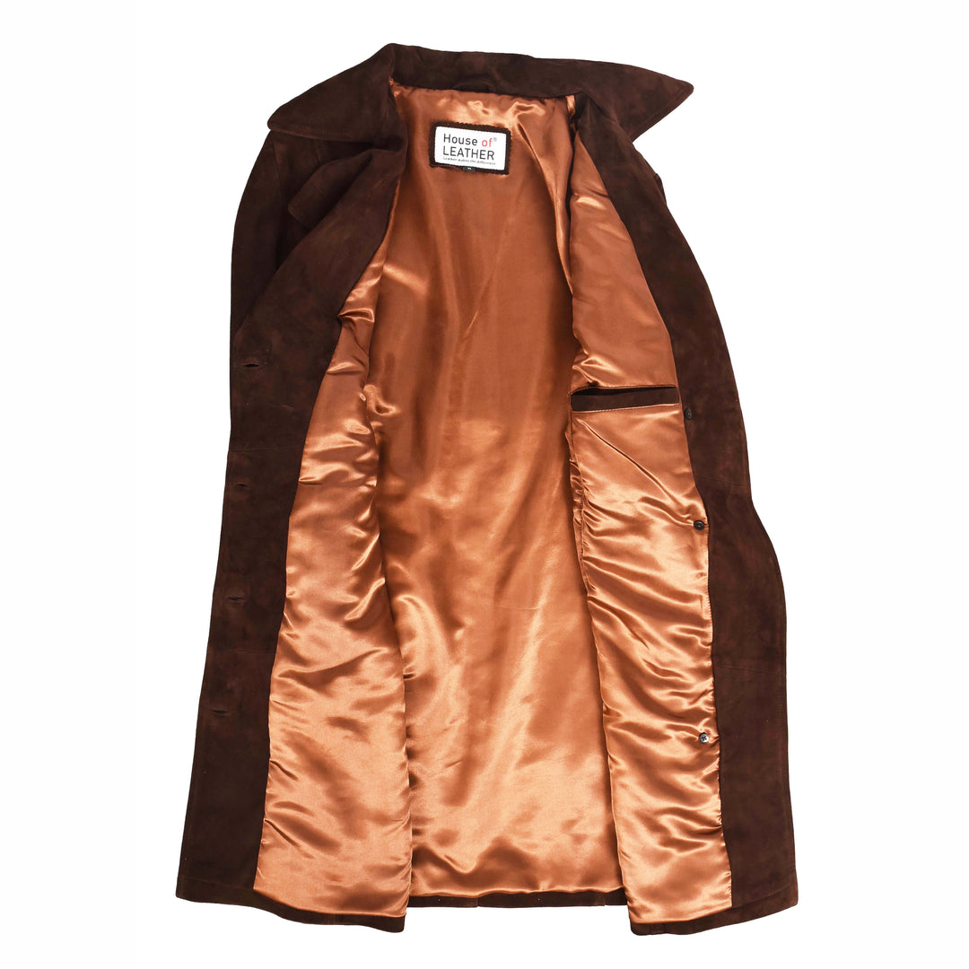 Women's Genuine Goat Suede Trench Coat, 3/4 Length, Button Front with Belt Foxy Rust Brown