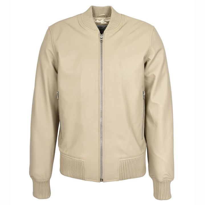 Mens Real Soft Leather Bomber Jacket MA-1 Varsity Style Torque Beige