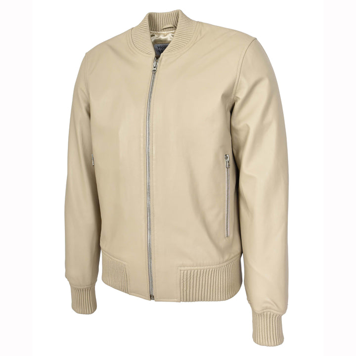 Mens Real Soft Leather Bomber Jacket MA-1 Varsity Style Torque Beige