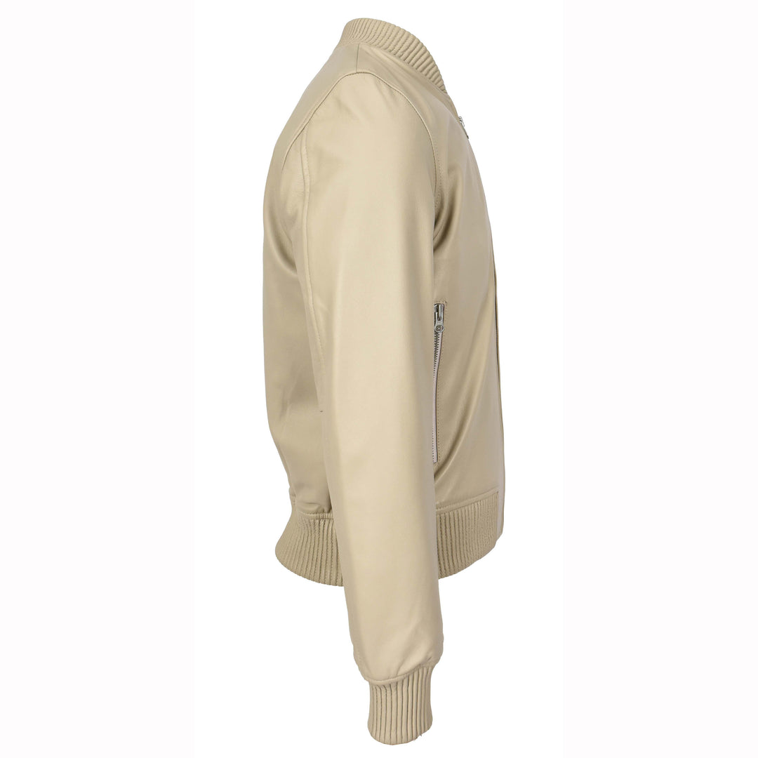 Mens Real Soft Leather Bomber Jacket MA-1 Varsity Style Torque Beige