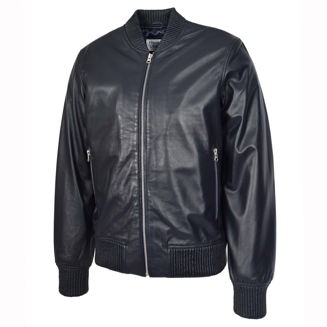 Mens Real Soft Leather Bomber Jacket MA-1 Varsity Style Torque Navy