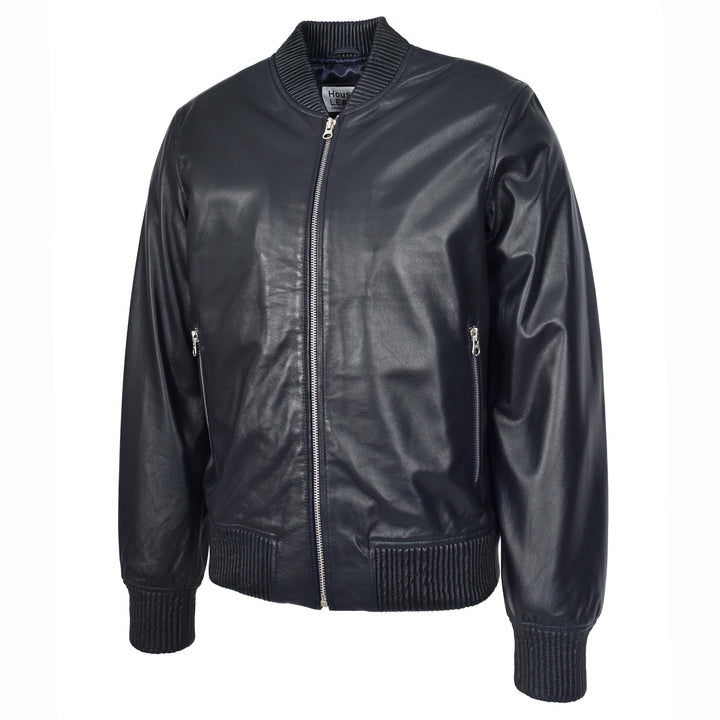 Mens Real Soft Leather Bomber Jacket MA-1 Varsity Style Torque Navy