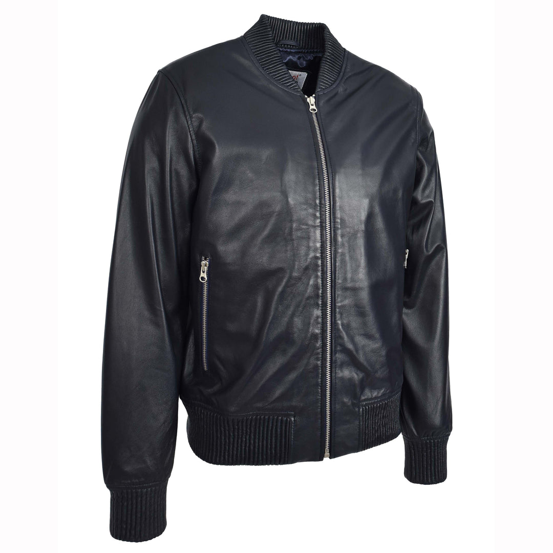 Mens Real Soft Leather Bomber Jacket MA-1 Varsity Style Torque Navy