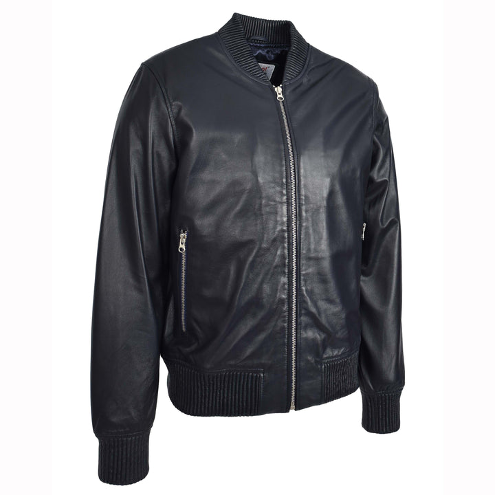Mens Real Soft Leather Bomber Jacket MA-1 Varsity Style Torque Navy