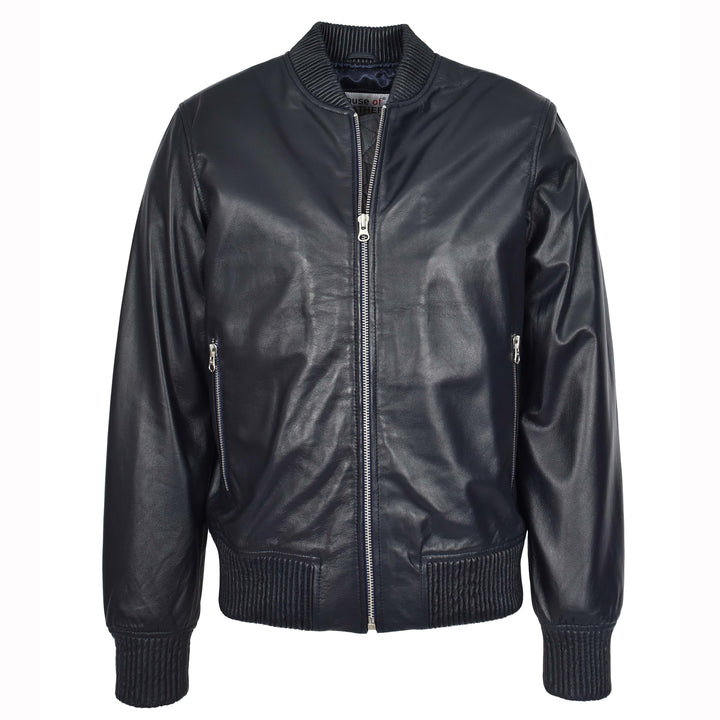 Mens Real Soft Leather Bomber Jacket MA-1 Varsity Style Torque Navy
