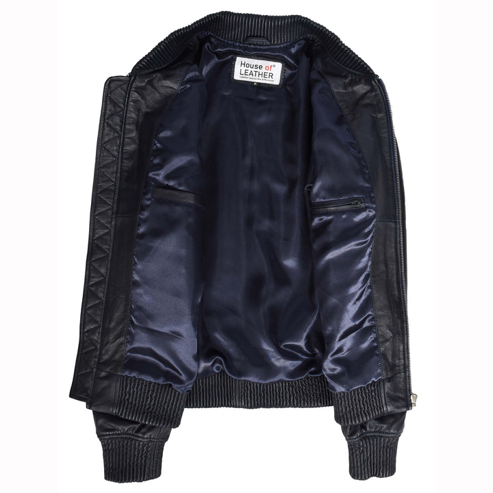 Mens Real Soft Leather Bomber Jacket MA-1 Varsity Style Torque Navy