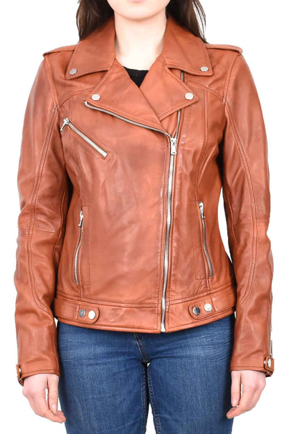 Womens Real Leather Biker Cross Zip Jacket Style Tiana Tan Size 12