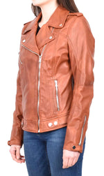 Womens Real Leather Biker Cross Zip Jacket Style Tiana Tan Size 12