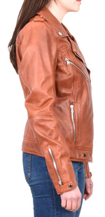 Womens Real Leather Biker Cross Zip Jacket Style Tiana Tan Size 12