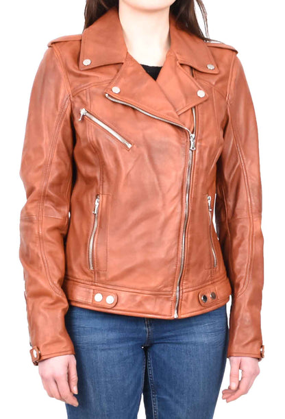 Womens Real Leather Biker Cross Zip Jacket Style Tiana Tan Size 12