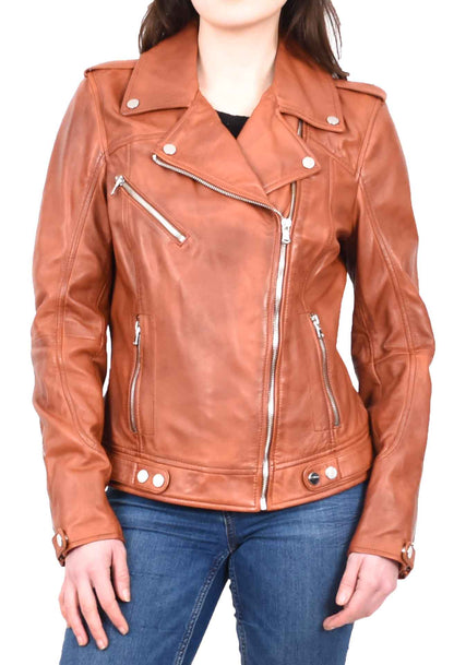 Womens Real Leather Biker Cross Zip Jacket Style Tiana Tan Size 12