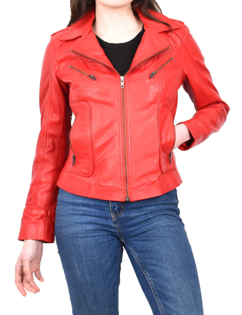 Womens Leather Fitted Biker Style Jacket HOL823 Red Last Size 12