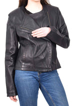 Womens Real Leather Collarless Jacket Classic Style HOL53 Black Size 12
