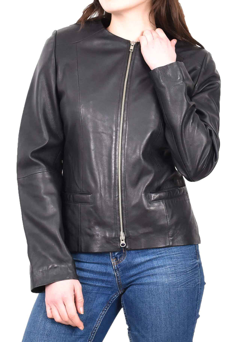 Womens Real Leather Collarless Jacket Classic Style Maria Black 14