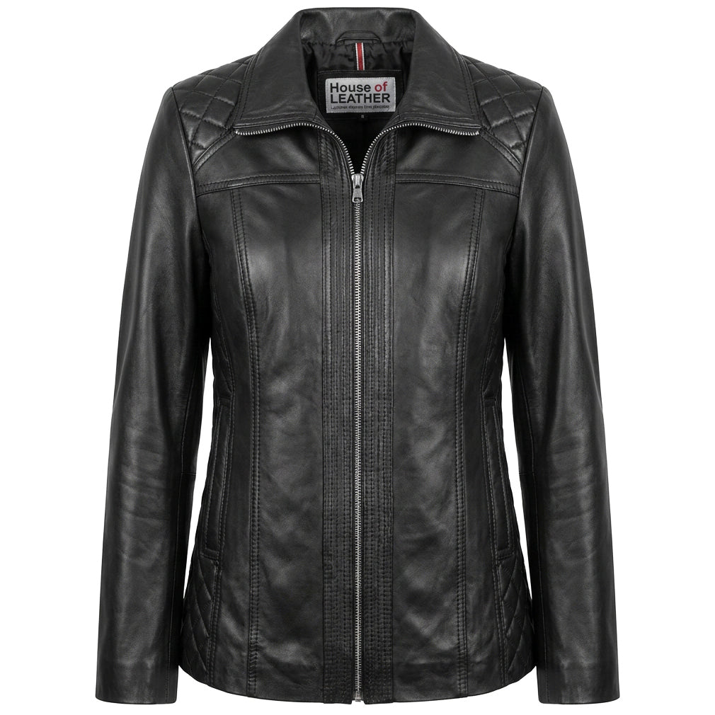 Womens Real Leather Jacket Zip Quilted Echo Black