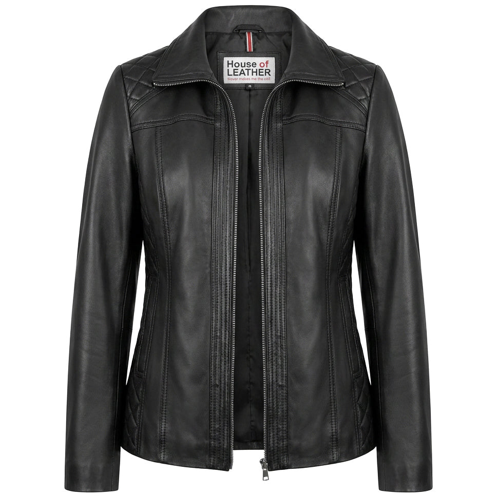 Womens Real Leather Jacket Zip Quilted Echo Black
