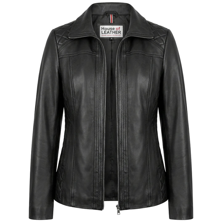 Womens Real Leather Jacket Zip Quilted Echo Black