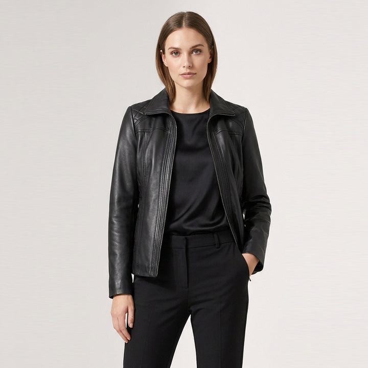 Womens Real Leather Jacket Zip Quilted Echo Black