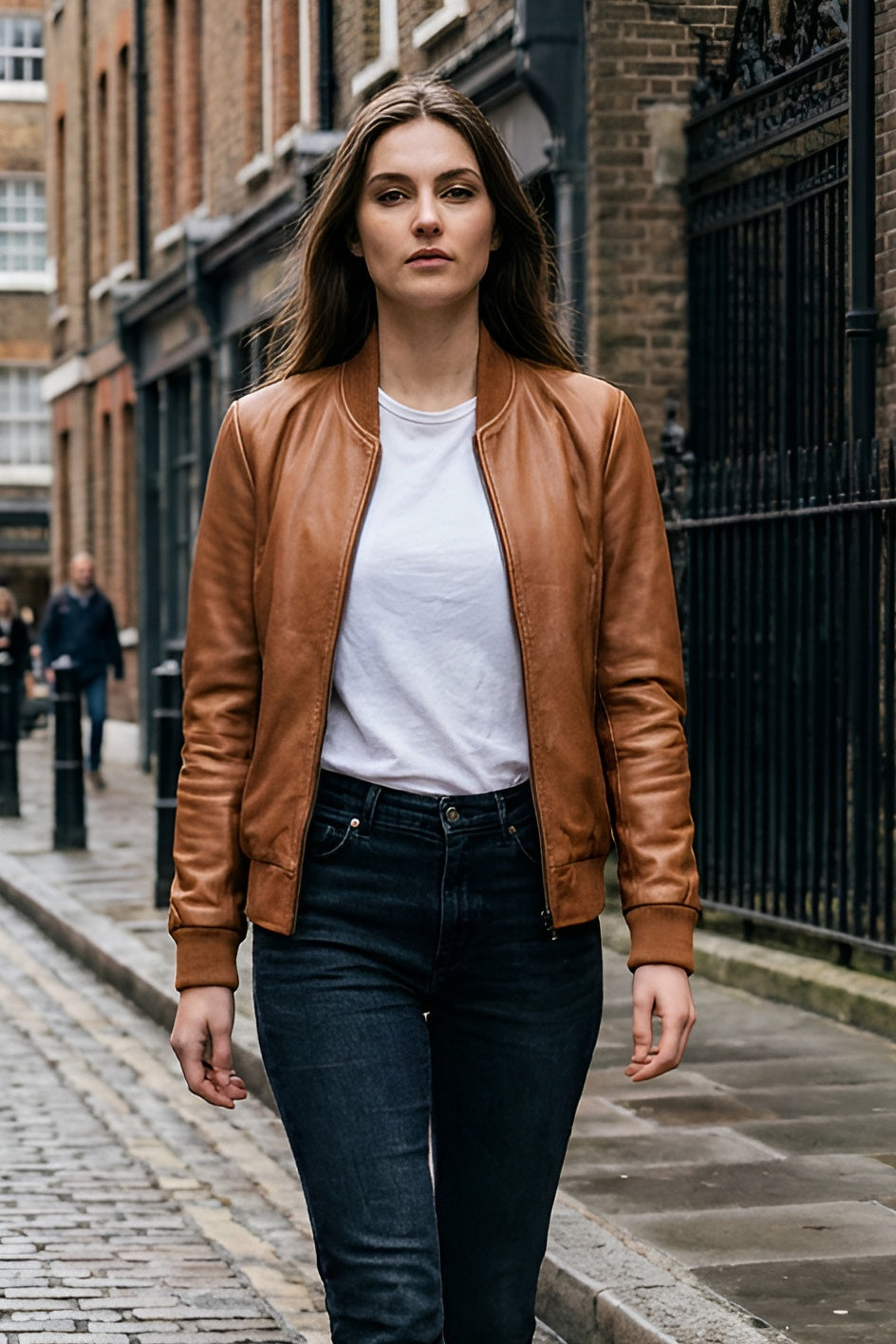 Womens Real Leather Varsity Bomber Jacket Faye Tan