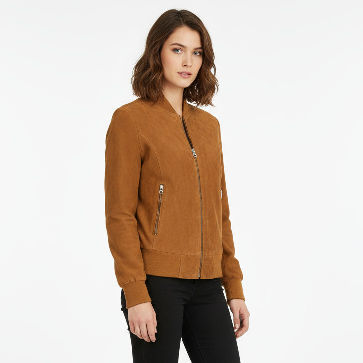 Womens Real Goat Suede Bomber MA-1 Jacket Faye Cognac