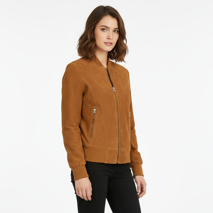Womens Real Goat Suede Bomber MA-1 Jacket Faye Cognac