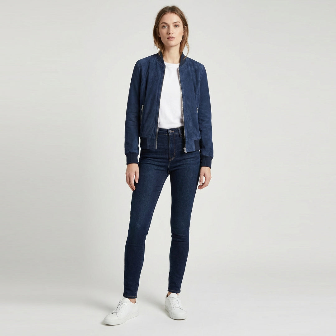 Womens Real Goat Suede Bomber MA-1 Jacket Faye Blue