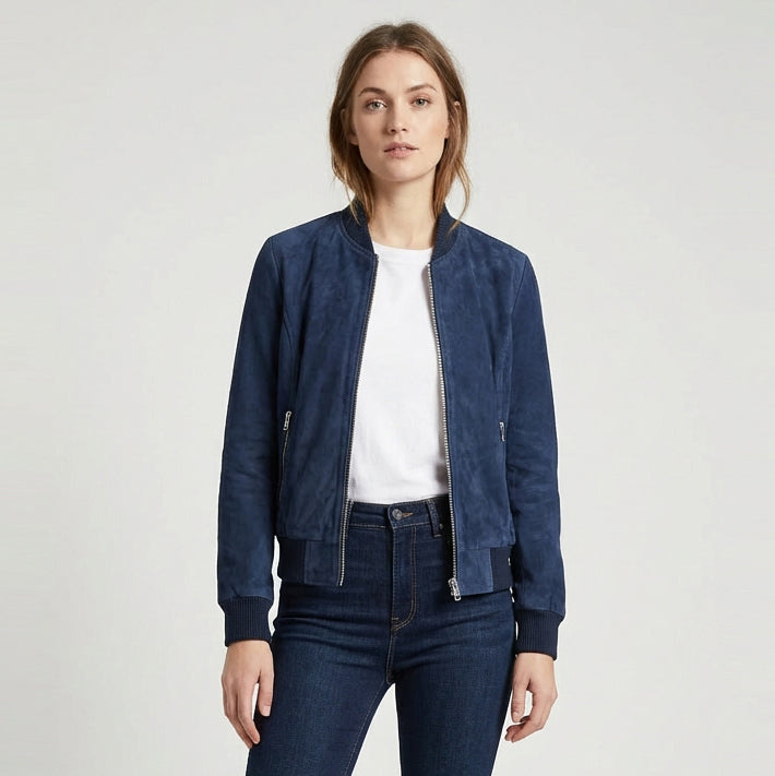 Womens Real Goat Suede Bomber MA-1 Jacket Faye Blue