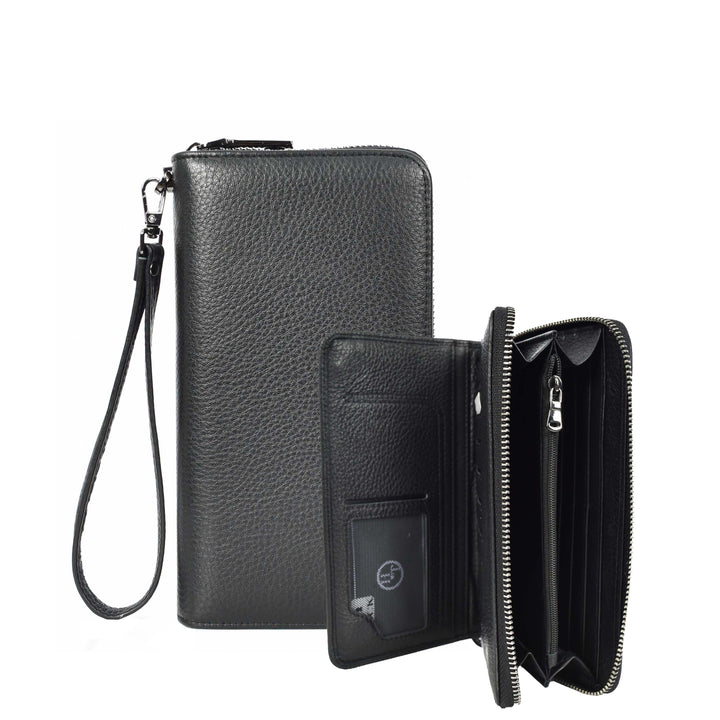 Genuine Leather Large Size Clutch Purse Coins Card Cash Travel Wallet Lorca Black