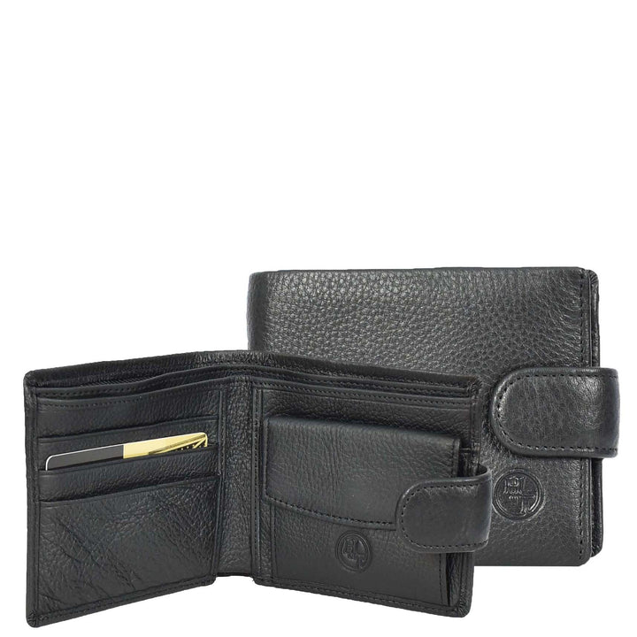 Mens Real Leather Mid Size Bifold Wallet Multi-Pockets Coins Cards Notes Style Tempe Black-1