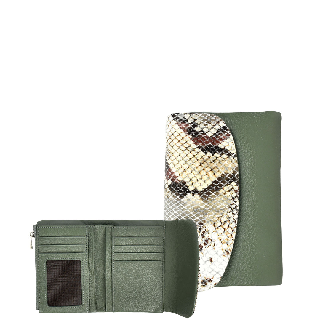 Womens Real Leather Purse Snake-Print Clutch Wallet HOL8833 Green