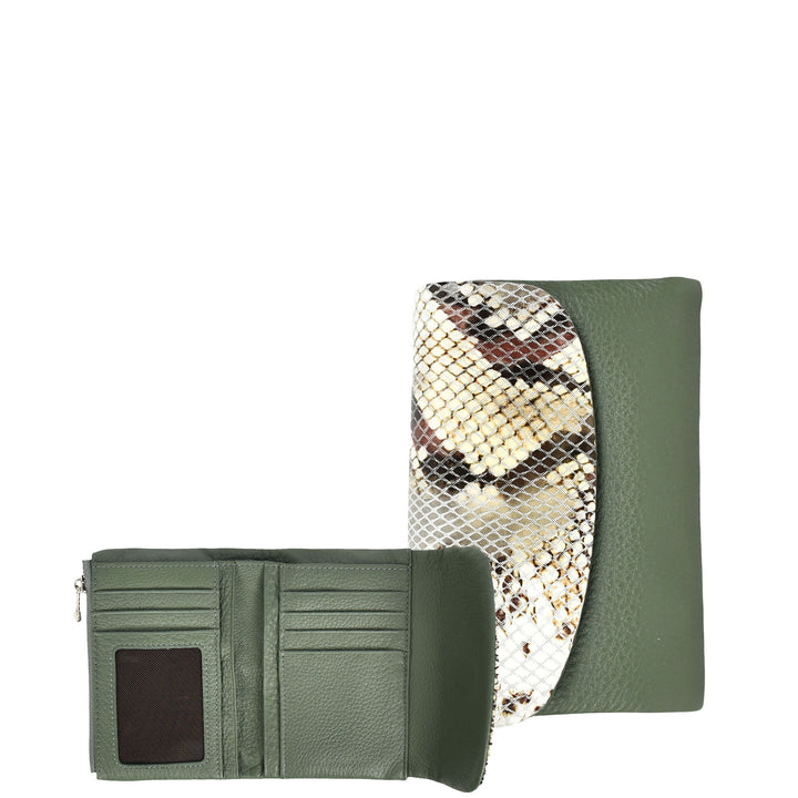 Womens Real Leather Purse Snake-Print Clutch Wallet HOL8833 Green