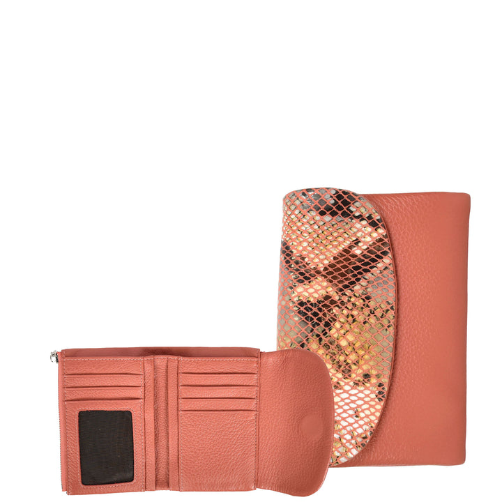 Womens Real Leather Purse Snake-Print Clutch Wallet HOL8833 Coral