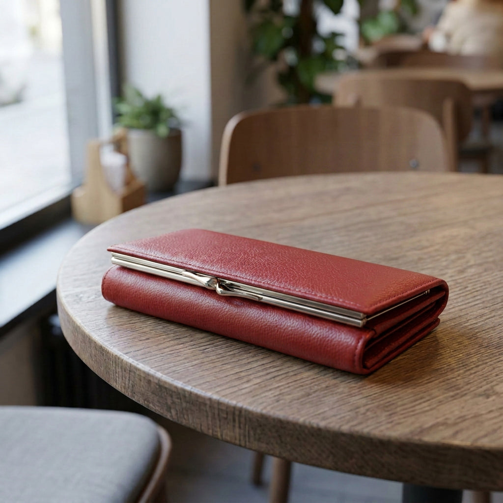 Womens Real Leather Purse Envelope Style with Metal Frame Large Size Clutch Wallet Cumbria Red