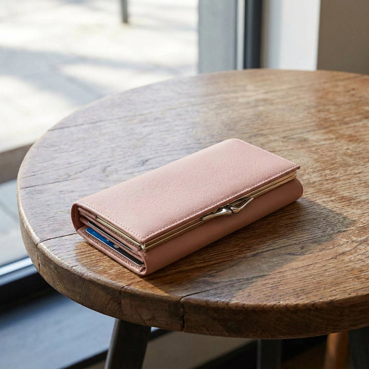 Womens Real Leather Purse Envelope Style with Metal Frame Large Size Clutch Wallet Cumbria Pink