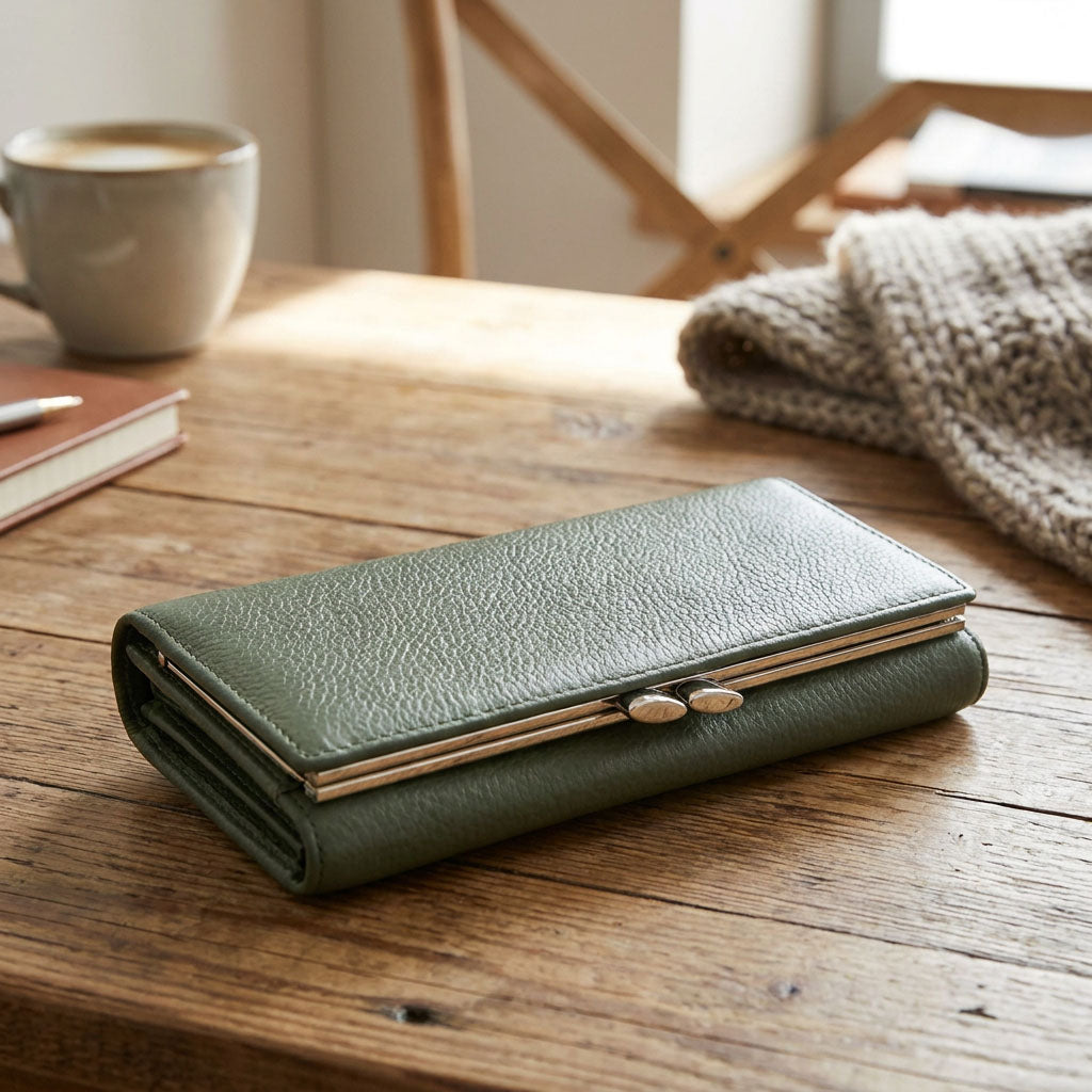 Womens Real Leather Purse Envelope Style with Metal Frame Large Size Clutch Wallet Cumbria Olive Green