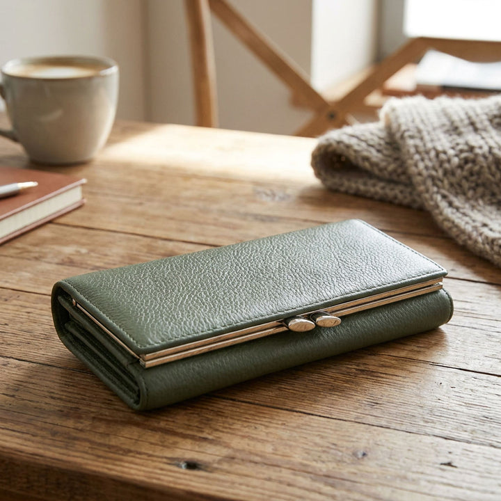 Womens Real Leather Purse Envelope Style with Metal Frame Large Size Clutch Wallet Cumbria Olive Green