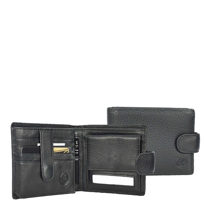 Mens Real Leather Bifold Wallet Banknotes ID Window Card Holder Cairn Black