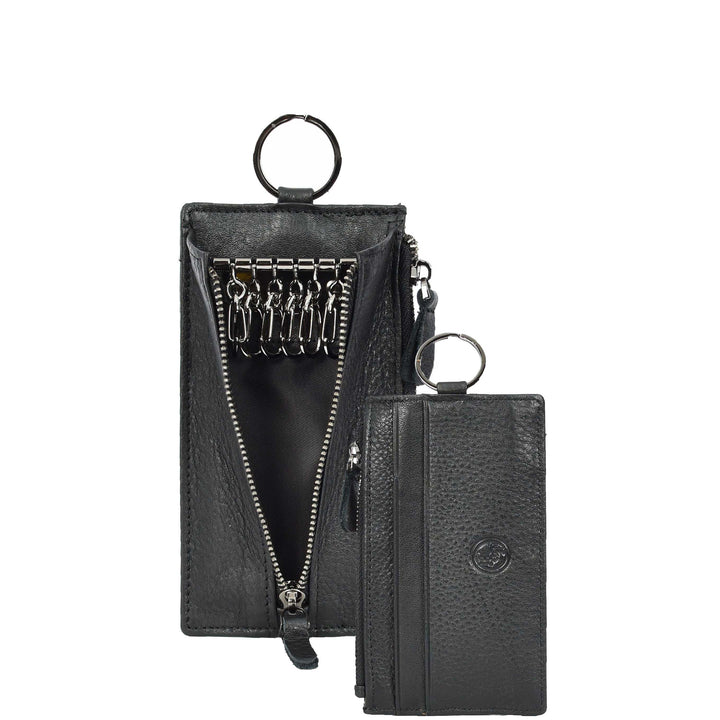Real Leather Key Case Wallet Large Size Car key Holder Organiser Pouch Trois Black